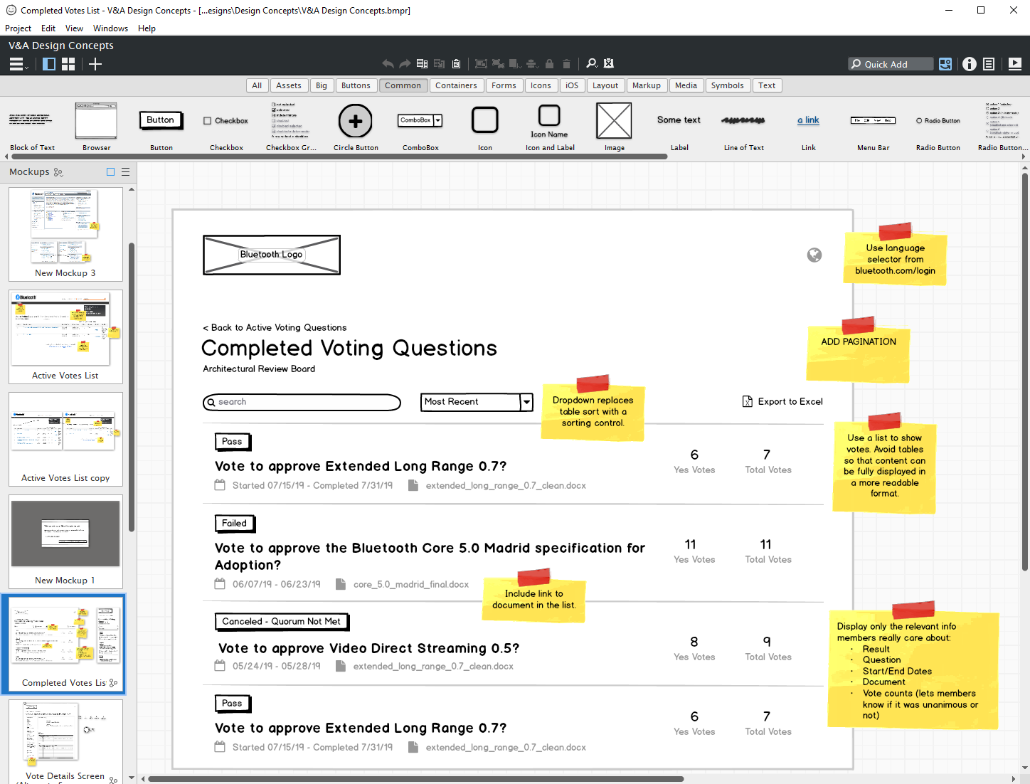 Working through the voting list's information hierarchy, with annotations capturing decisions around status, sorting, and supporting documents.