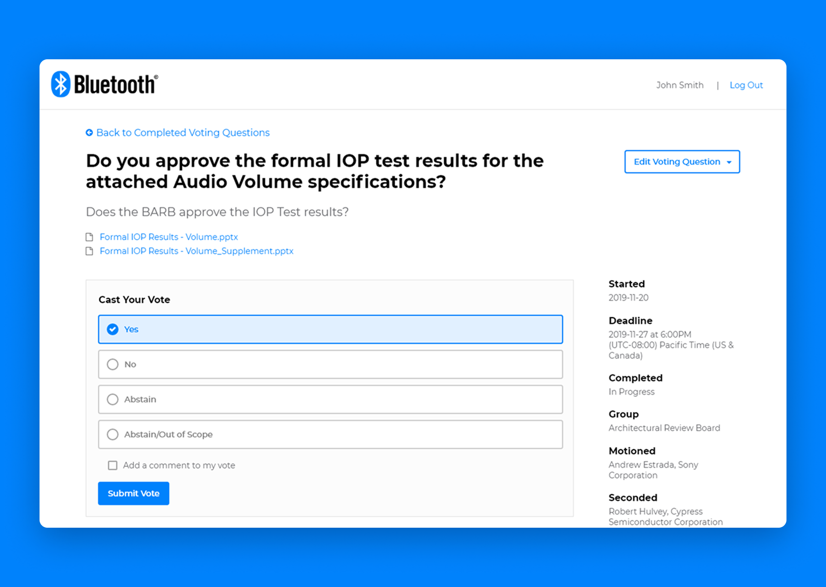 A streamlined voting experience with supporting documents, clear response options, and relevant deadlines in one place.