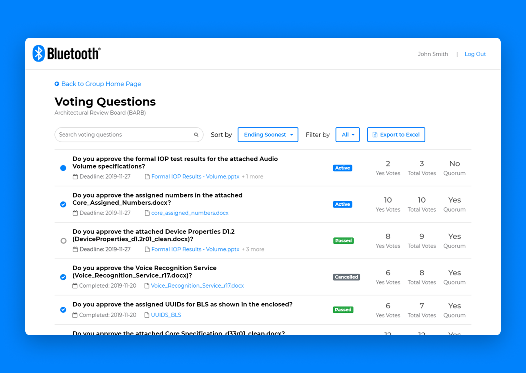 Voting questions organized by status, deadlines, and quorum, with search and filtering to help members find what needs attention.