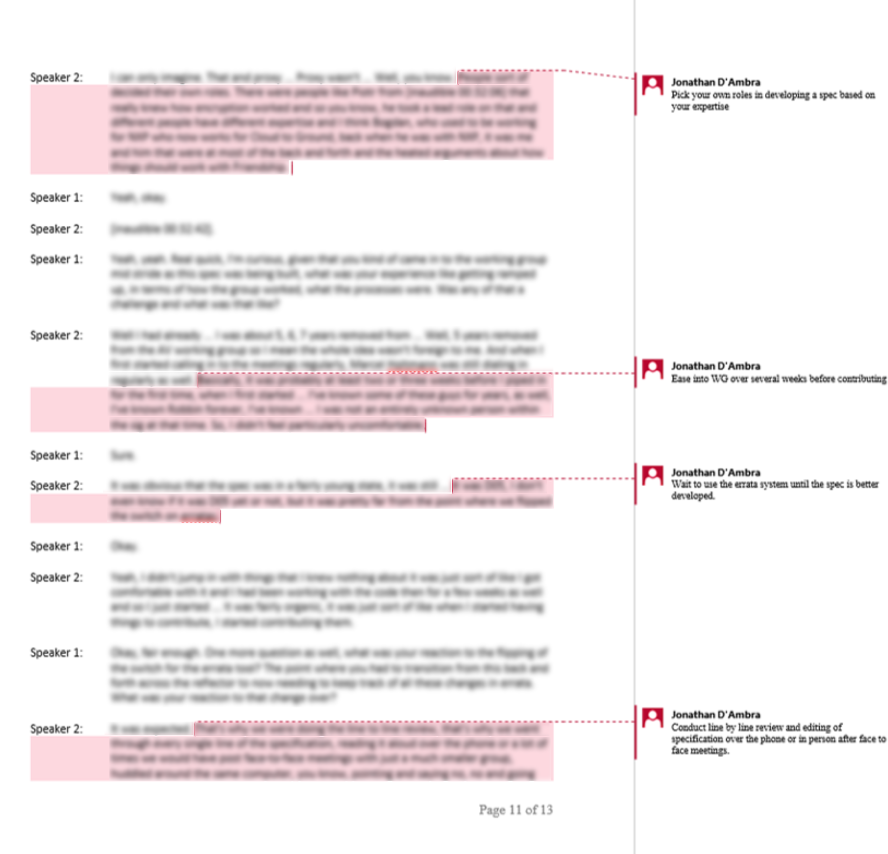 Interview transcript being analyzed for participant reasoning and behaviors