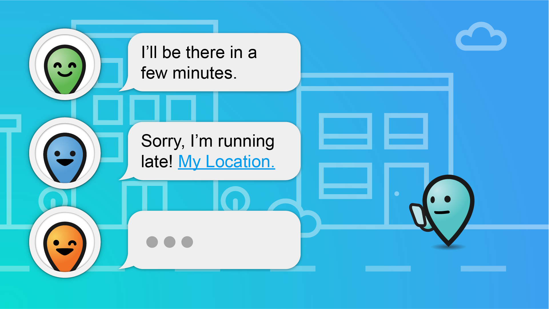 Different messaging apps and conversations used to coordinate a meetup